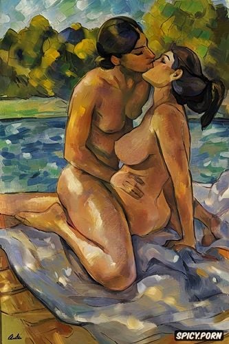 gauguin, tender outdoor nude kiss impressionist, sunlight, painterly