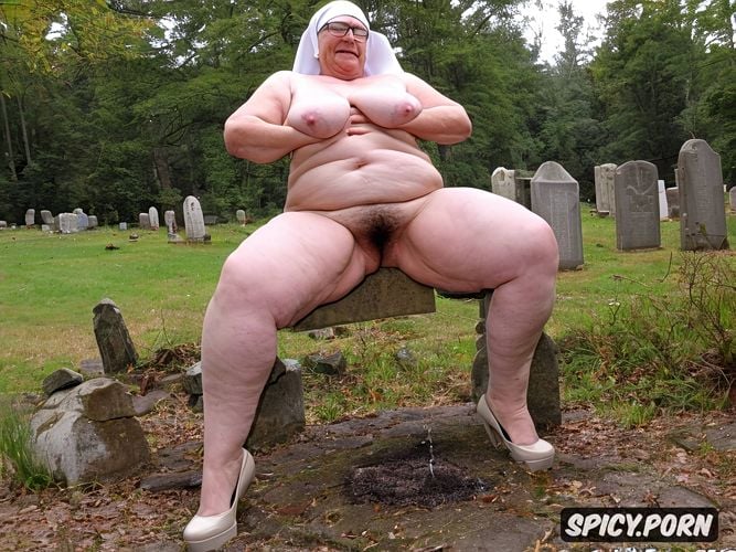 obese, tits out, cellulite, very long saggy tits, grave with headstone in a cemetery