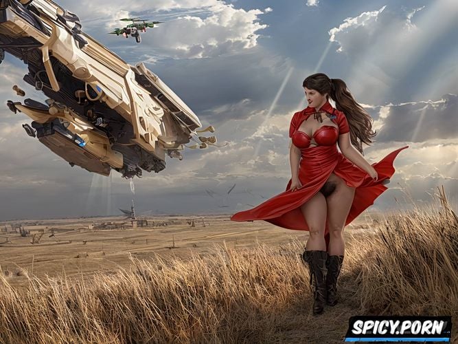 destroyed cosmic starship, strong stretches marks, stewardess red costume