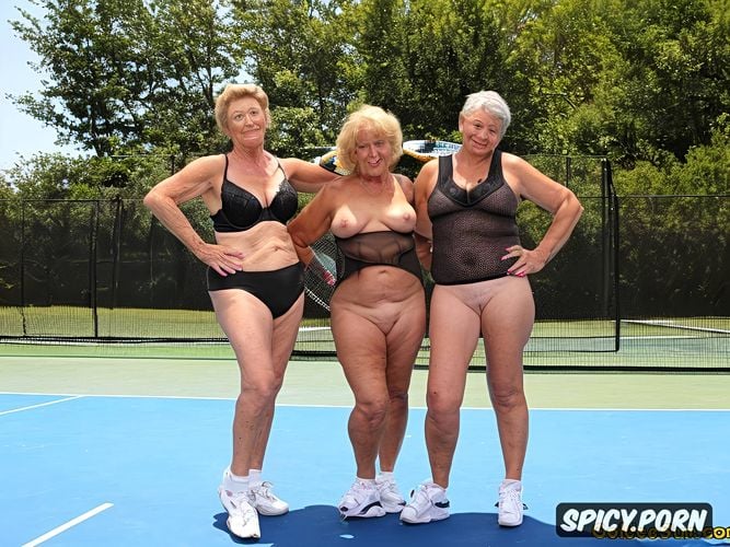 two naked sexy grannies, playing tennis