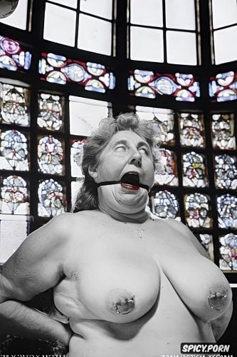 nude, granny, cathedral, bdsm, nun, agony, detailed face, looking in camera