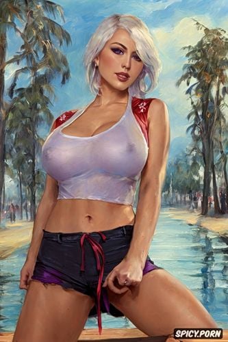 see through tanktop with underboob, style acrylic, short shorts