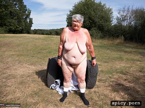 fat naked granny with big saggy tits, hairy pussy, high socks