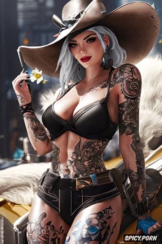 topless, tattoos, high resolution, ultra realistic, ashe overwatch beautiful face full body shot