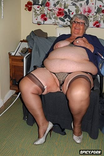 fat obese ssbbw, old grandmother 90 years old, has nude big hairy pussy under her skirt