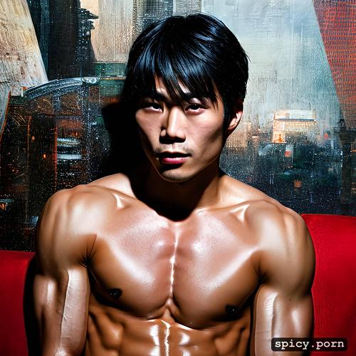 20 years old, beautiful face, smoking, muscular body, japanese man