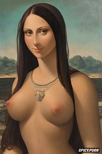 portrait, lovely smiling face, big tits, detailed, mona lisa