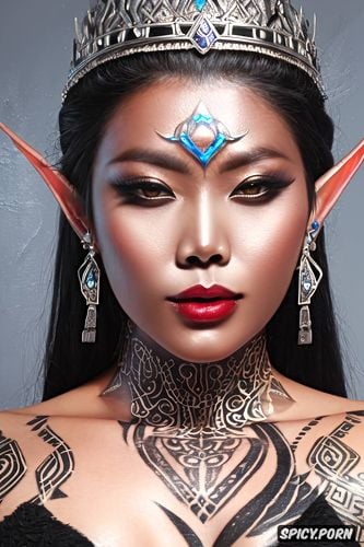 high resolution, ultra detailed, high elf queen elder scrolls korean skin tone beautiful face young tattoos diadem masterpiece