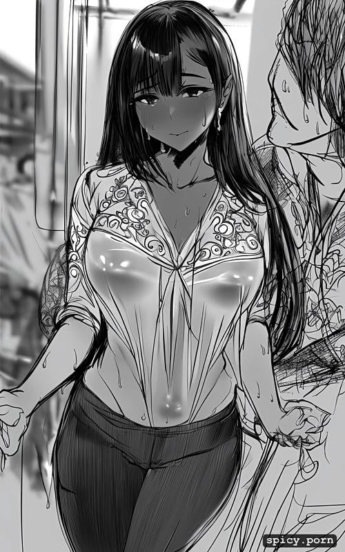 see through shirt, very detailed face, thai teen beign groped by male white customer