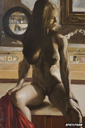 looking at viewer, scrawny, voluptuous body, carravagio oil painting