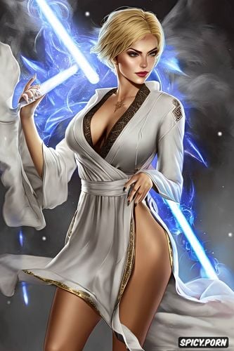 highres, ultra realistic, tattoos, ultra detailed, lana beniko star wars the old republic beautiful face pale skin short blonde pixie cut hair soft golden eyes tattered sith robes full body shot