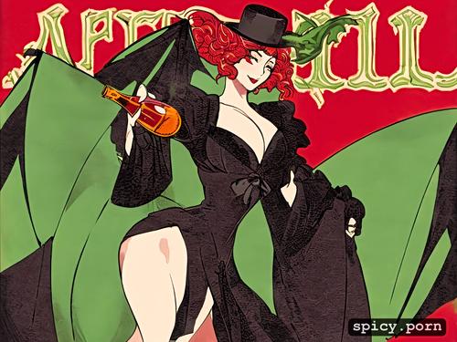 black background, advertisement, orange, old, lithograph, female devil