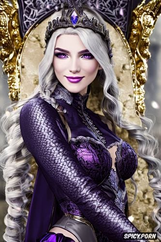 confident smirk, tiara, beautiful face, female knight, wearing dark purple silk lingerie