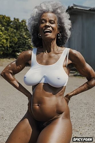 long saggy empty breasts, 89 yo, beautiful face, angry expression