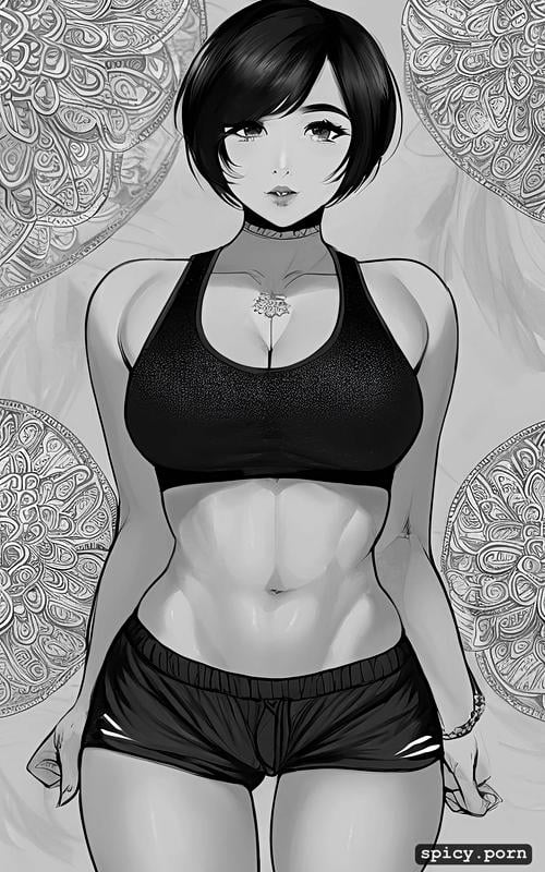 detailed round face, sketch, intricate short hair, crop top and sport shorts