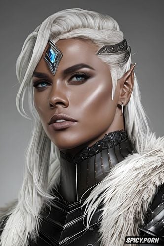 tight black leather armor, masterpiece, hawke dragon age beautiful face ebony skin silver hair tattoos