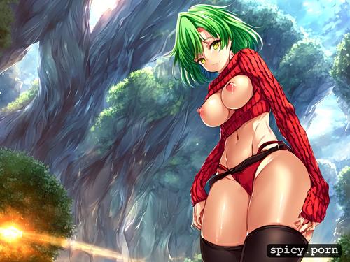 red sweater short light green hair, style anime, high resolution