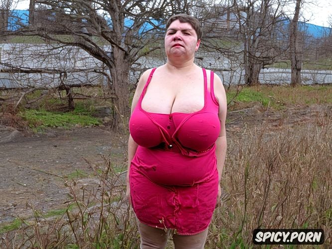 one woman, semi short hair, huge1 7 breasts saggy pendulous tits1 4 old style farm cloths