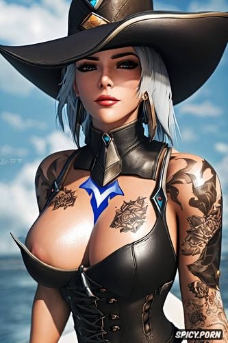tits out, ashe overwatch beautiful face full body shot, ultra detailed