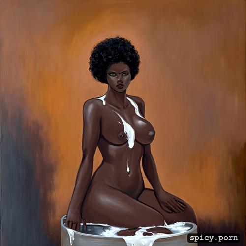 cute attractive beautiful naked black woman inside a bowl of milk