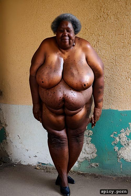 legs wide spread, scars, 90 yo, photo, black skin, obese, ugly ebony