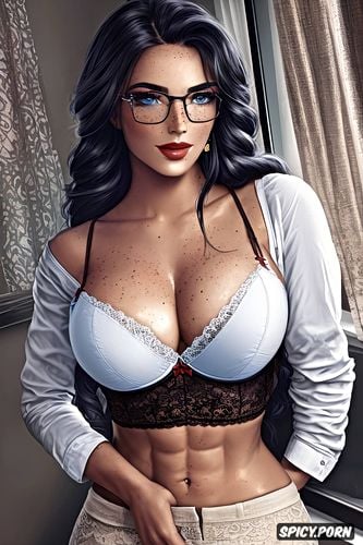 office, fake boobs, makeup, no fat, blue eyes, flower vase, ripped abs