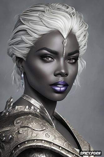 tattoos, fantasy female paladin queen dragon age beautiful face ebony skin silver hair portrait