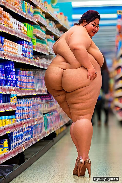 brown air, small breasts, thick hips, in supermarket with other people