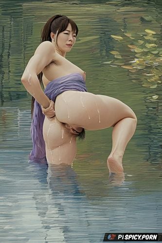 impressionism monet painting, portrait, lifting one leg, hairy vagina