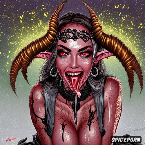 solo, devil horns, splatter, detached penis, severed dick in her hand