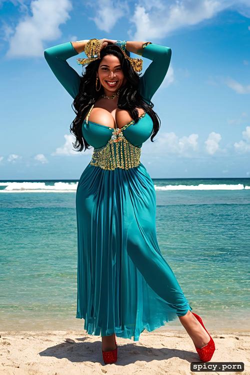 giant hanging tits, high heels, long hair, color portrait, 27 yo beautiful white caribbean carnival dancer