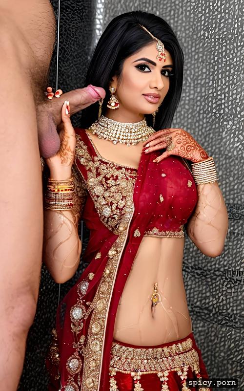 sexy indian bride with short dark hair, and bangs standing in men toilet where two man standing with dick in there hand