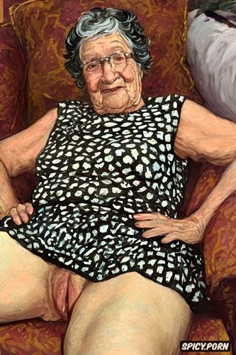 the very old fat grandmother skirt has nude pussy under her skirt