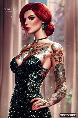 tattoos masterpiece, k shot on canon dslr, ultra detailed, triss merigold the witcher beautiful face young sexy low cut black sequin dress