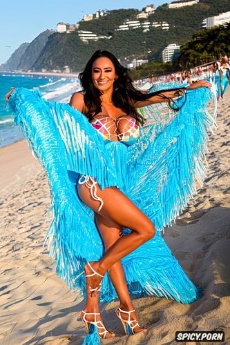perfect stunning smiling face, 27 yo beautiful performing white rio carnival dancer at copacabana beach