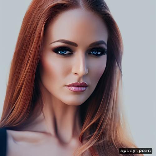 blue eyes, ultra realistic photo, large breasts, long straight ginger hair