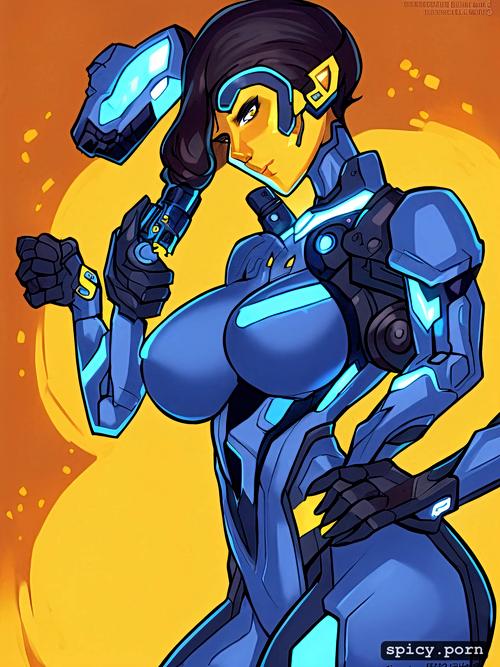 highly detailed, centered, female, key visual, mech, yellow and dark blue colors