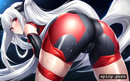 red eyes, looking over her back, white hair colour, good anatomy