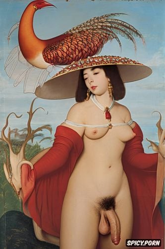 hairy vagina, red transparent veil, massive hard on, flat painting