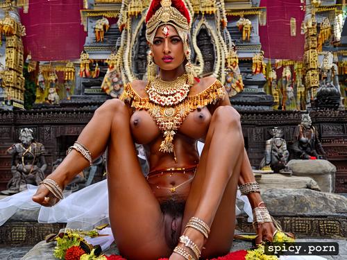 huge breasts, pierced nipple, hindu temple legs spread hairy pussy