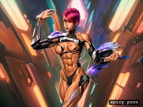 toned abs, 8k, detailed hands, pink hair, solo, pixie hair, ultrarealistic photo