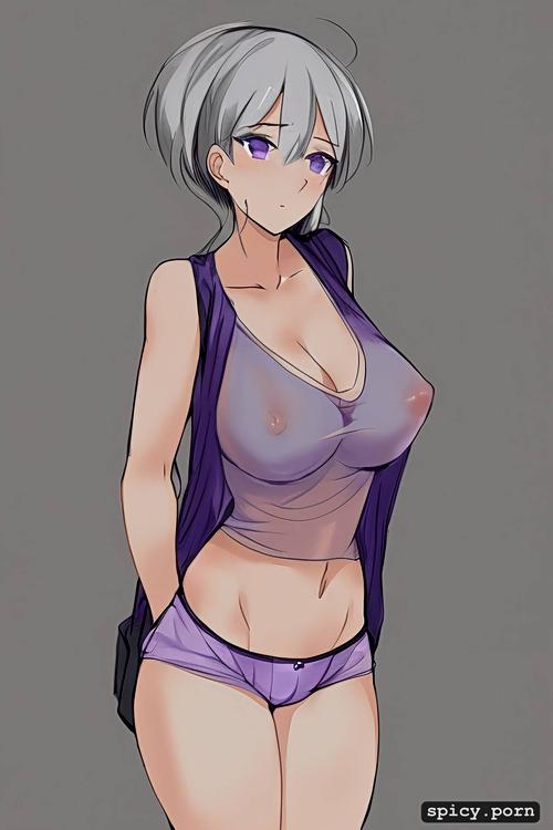 91tdnepcwrer, purple eyes, see through clothes, camisole with underboob and short shorts