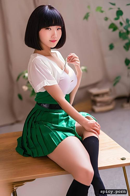 18 years, green blouse, selfie, beautiful face, small breasts