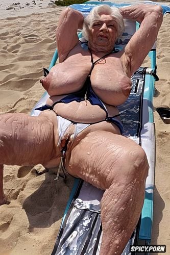 spreading her legs, lying on the beach, very fat old grandma