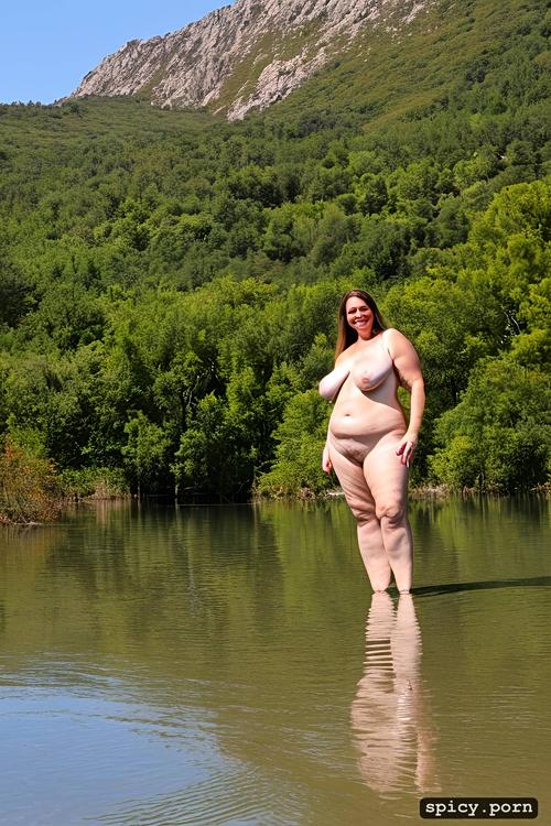 nude, perfect beautiful smiling face, color photo, standing straight at a mountain lake beach