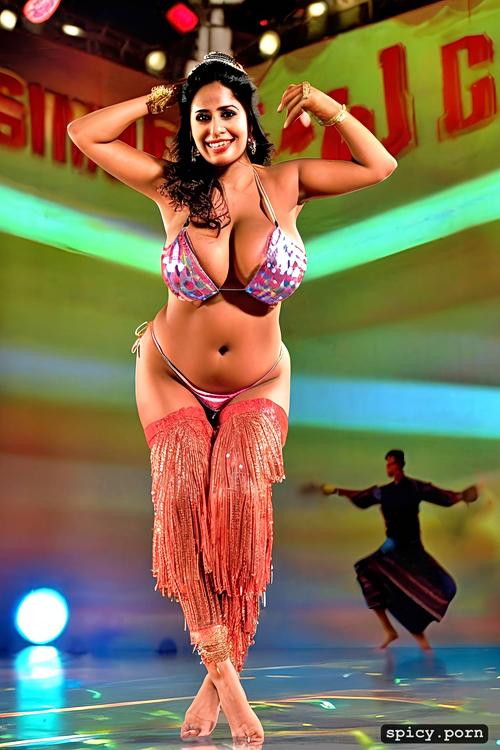 performing on stage, 31 yo beautiful indian dancer, intricate beautiful dancing costume with bikini top