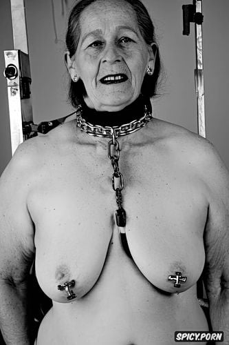obese, chained up, veins showing on tits, hanging, gray pussy