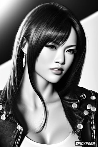 tifa lockhart, ultra realistic, tight white tank top, black leather jacket