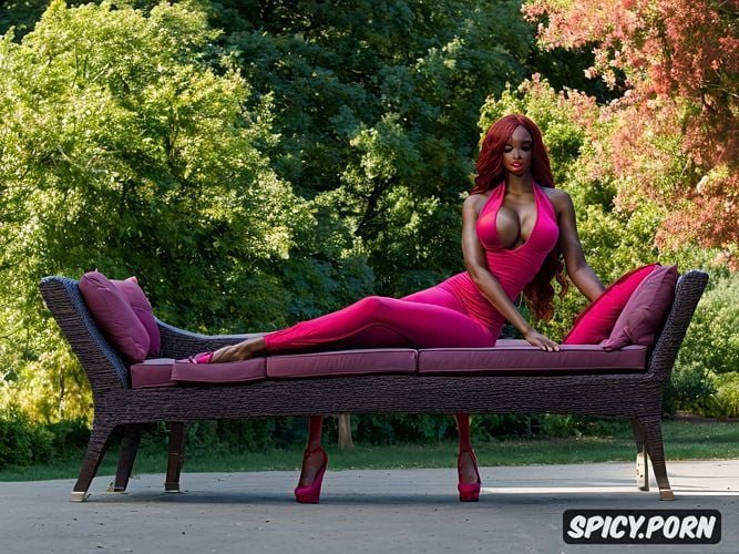 profile shot, black american model, laying on chaise, red hair