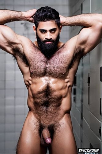 guy, one alone naked athletic pakistani man, hairy armpits, hairy body